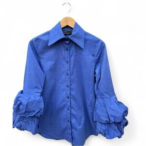 Blue Button-Up Stretch Twill Shirt with Ruffled Sleeves